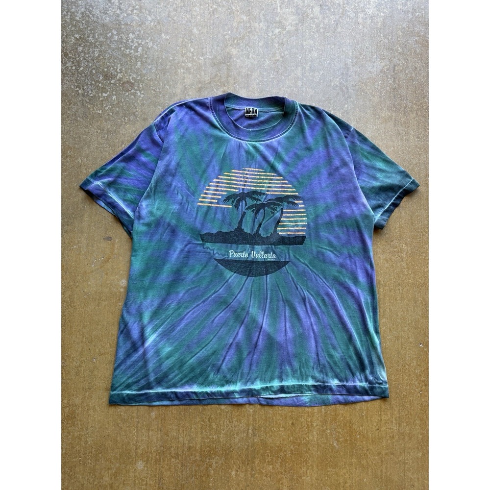 Vintage 90s Neon Mexico Puerto Vallarta Tie Dye Beach T-Shirt XL Single Stitch